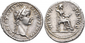 Tiberius, 14-37. Denarius (Silver, 19 mm, 3.81 g, 2 h), Lugdunum, 18-35. TI CAESAR DIVI AVG F AVGVSTVS Laureate head of Tiberius to right. Rev. PONTIF...