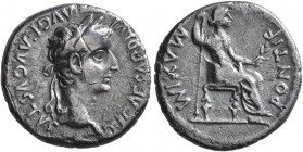 Tiberius, 14-37. Denarius (Silver, 18 mm, 3.43 g, 2 h), Lugdunum, 18-35. TI CAESAR DIVI AVG F AVGVSTVS Laureate head of Tiberius to right. Rev. PONTIF...