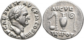 Vespasian, 69-79. Denarius (Silver, 17 mm, 3.13 g, 7 h), Rome, 72-73. IMP CAES VESP AVG P M COS IIII Laureate head of Vespasian to right. Rev. AVGVR /...