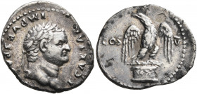 Titus, as Caesar, 69-79. Denarius (Silver, 20 mm, 2.84 g, 5 h), Rome, 76. T CAESAR IMP VESPAS[IAN] Laureate head of Titus to right. Rev. COS - V Eagle...