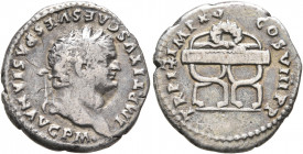 Titus, 79-81. Denarius (Silver, 19 mm, 2.87 g, 6 h), Rome, January-June 80. IMP TITVS CAES VESPASIAN AVG P M Laureate head of Titus to right. Rev. TR ...