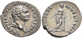 Domitian, as Caesar, 69-81. Denarius (Silver, 19 mm, 3.43 g, 7 h), Rome, 79. CAESAR AVG F DOMITIANVS COS VI Laureate head of Domitian to right. Rev. P...
