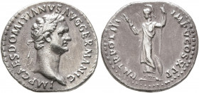 Domitian, 81-96. Denarius (Silver, 20 mm, 3.42 g, 6 h), Rome, 84. IMP CAES DOMITIANVS AVG GERMANIC Laureate head of Domitian to right. Rev. P M TR POT...