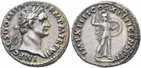 Domitian, 81-96. Denarius (Silver, 18 mm, 3.39 g, 6 h), Rome, 1st January-13 September 88. IMP CAES DOMIT AVG GERM P M TR P VII Laureate head of Domit...