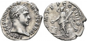 Trajan, 98-117. Denarius (Silver, 19 mm, 3.23 g, 6 h), Rome, 102. IMP CAES NERVA TRAIAN AVG GERM Laureate head of Trajan to right. Rev. P M TR P•COS•I...