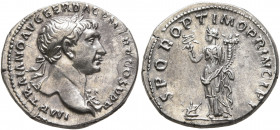 Trajan, 98-117. Denarius (Silver, 18 mm, 3.30 g, 7 h), Rome, circa 106-107. IMP TRAIANO AVG GER DAC P M TR P COS V P P Laureate head of Trajan to righ...