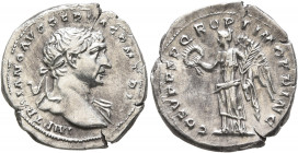 Trajan, 98-117. Denarius (Silver, 19 mm, 3.00 g, 6 h), Rome, circa 107-108. IMP TRAIANO AVG GER DAC P M TR P Laureate head of Trajan to right, with sl...