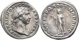 Trajan, 98-117. Denarius (Silver, 18 mm, 3.24 g, 6 h), Rome, circa 107-108. IMP TRAIANO AVG GER DAC P M TR P Laureate head of Trajan to right, with sl...