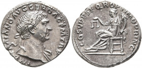 Trajan, 98-117. Denarius (Silver, 18 mm, 3.64 g, 6 h), Rome, circa 108-109. IMP TRAIANO AVG GER DAC P M TR P Laureate head of Trajan to right, with sl...