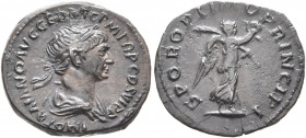 Trajan, 98-117. Quinarius (Silver, 15 mm, 1.56 g, 6 h), Rome, 112-114. IMP TRAIANO AVG GER DAC P M TR P COS VI P P Laureate and draped bust of Trajan ...