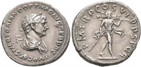 Trajan, 98-117. Denarius (Silver, 19 mm, 3.00 g, 7 h), Rome, 114-116. IMP CAES NER TRAIANO OPTIMO AVG GER DAC Laureate and draped bust of Trajan to ri...