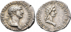 Trajan, 98-117. Denarius (Silver, 19 mm, 3.16 g, 7 h), Rome, circa autumn 116-August 117. IMP CAES NER TRAIAN OPTIM AVG GERM DAC Laureate and draped b...