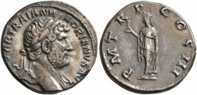 Hadrian, 117-138. Denarius (Silver, 17 mm, 3.28 g, 7 h), Rome, 121-123. [IMP CAE]SAR TRAIAN HADRIANVS AVG Laureate head of Hadrian to right, with slig...