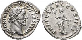 Antoninus Pius, 138-161. Denarius (Silver, 18 mm, 3.29 g, 6 h), Rome, 160-161. ANTONINVS AVG PIVS P P TR P XXIIII Laureate head of Antoninus Pius to r...