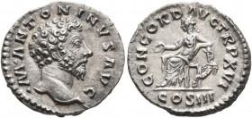 Marcus Aurelius, 161-180. Denarius (Silver, 18 mm, 3.10 g, 6 h), Rome, 161-162. •M•ANTONINVS AVG Bare head of Marcus Aurelius to right. Rev. CONCORD A...