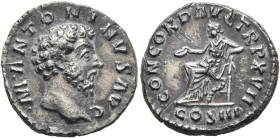 Marcus Aurelius, 161-180. Denarius (Silver, 17 mm, 2.69 g, 6 h), Rome, 162-163. •M•ANTONINVS AVG Bare head of Marcus Aurelius to right. Rev. CONCORD A...