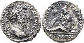 Marcus Aurelius, 161-180. Denarius (Silver, 17 mm, 2.85 g, 6 h), Rome, 165. ANTONINVS AVG ARMENIACVS Laureate head of Marcus Aurelius to right. Rev. P...