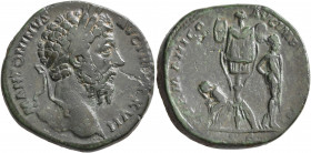 Marcus Aurelius, 161-180. Sestertius (Orichalcum, 31 mm, 22.52 g, 6 h), Rome, 172-173. M ANTONINVS AVG TR P XXVII Laureate head of Marcus Aurelius to ...