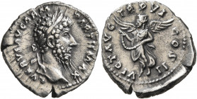 Lucius Verus, 161-169. Denarius (Silver, 19 mm, 3.12 g, 12 h), Rome, 165-166. L VERVS AVG ARM PARTH MAX Laureate head of Lucius Verus to right. Rev. V...