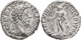 Commodus, 177-192. Denarius (Silver, 17 mm, 3.37 g, 6 h), Rome, 187-188. M COMM ANT P FEL AVG BRIT Laureate head of Commodus to right. Rev. P M TR P X...