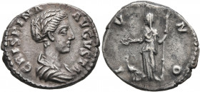 Crispina, Augusta, 178-182. Denarius (Silver, 18 mm, 3.13 g, 11 h), Rome. CRISPINA AVGVSTA Draped bust of Crispina to right. Rev. IVNO Juno, veiled, s...