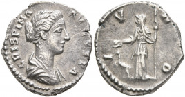 Crispina, Augusta, 178-182. Denarius (Silver, 17 mm, 3.00 g, 12 h), Rome. CRISPINA AVGVSTA Draped bust of Crispina to right. Rev. IVNO Juno, veiled, s...