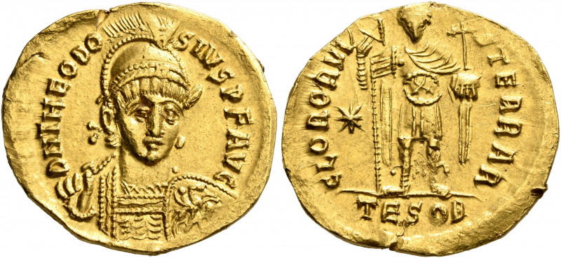 Theodosius II, 402-450. Solidus (Gold, 21 mm, 4.22 g, 6 h), Thessalonica, circa ...