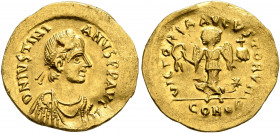 Justinian I, 527-565. Tremissis (Gold, 16 mm, 1.48 g, 6 h), Constantinopolis. D N IVSTINIANVS P P AVG Pearl-diademed, draped and cuirassed bust of Jus...