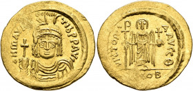 Maurice Tiberius, 582-602. Solidus (Gold, 21 mm, 4.40 g, 7 h), Constantinopolis, 583-601. O N mAVRC TIb P P AVI Draped and cuirassed bust of Maurice T...