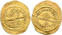 Maurice Tiberius, 582-602. Tremissis (Gold, 18 mm, 1.40 g, 12 h), Constantinopolis. O N TIbЄRI P P AVG (slightly blundered) Pearl-diademed, draped and...
