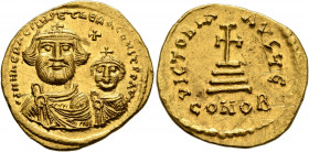 Heraclius, with Heraclius Constantine, 610-641. Solidus (Gold, 21 mm, 4.43 g, 6 h), Constantinopolis, circa 616-625. dd NN hERACLIЧS ET hERA CONST P P...