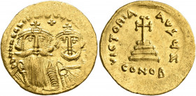 Heraclius, with Heraclius Constantine, 610-641. Solidus (Gold, 21 mm, 4.48 g, 7 h), Constantinopolis, 629-631. δδ NN hERACLIЧS ЄT hЄRA CON[ST P P AVG]...