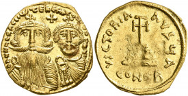 Heraclius, with Heraclius Constantine, 610-641. Solidus (Gold, 20 mm, 4.27 g, 6 h), Constantinopolis, 629-631. δδ NN hЄRACLIЧS TЄ (sic!) hЄRA CONST P ...