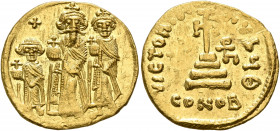 Heraclius, with Heraclius Constantine and Heraclonas, 610-641. Solidus (Gold, 20 mm, 4.42 g, 6 h), Constantinopolis, 632-635 (?). Heraclius and Heracl...