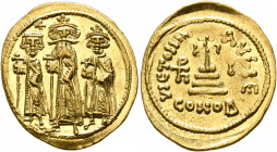 Heraclius, with Heraclius Constantine and Heraclonas, 610-641. Solidus (Gold, 22 mm, 4.46 g, 6 h), Constantinopolis, 636/7 (?). Heraclius and Heracliu...