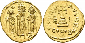 Heraclius, with Heraclius Constantine and Heraclonas, 610-641. Solidus (Gold, 20 mm, 4.32 g, 7 h), Constantinopolis, 636/7 (?). Heraclius and Heracliu...