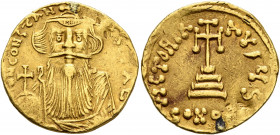 Constans II, 641-668. Solidus (Gold, 19 mm, 4.33 g, 6 h), Constantinopolis, 651-654. δ N CONSTAN[TINЧS P P] AV Crowned and draped bust of Constans II ...