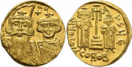 Constans II, with Constantine IV, Heraclius, and Tiberius, 641-668. Solidus (Gold, 19 mm, 4.40 g, 6 h), Constantinopolis, circa 659-661. δ N[...]AN Fa...