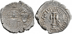 Constans II, with Constantine IV, 641-668. Hexagram (Silver, 23 mm, 5.30 g, 6 h), Constantinopolis, 654-659. δ N CONSTANTINЧS C CONSTA' On the left, c...