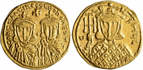 Constantine V Copronymus, with Leo IV, 741-775. Solidus (Gold, 20 mm, 4.35 g, 7 h), Constantinopolis, circa 757-775. COҺSTAҺTIҺOS S LЄOҺ O ҺЄOS Crowne...