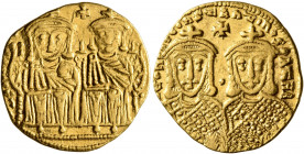 Leo IV the Khazar, with Constantine VI, 775-780. Solidus (Gold, 21 mm, 4.42 g, 5 h), Constantinopolis. [LЄOҺ VS S ЄςςOҺ COҺSTAҺT O ҺЄOS] Crowned and d...