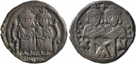 Leo IV the Khazar, with Constantine VI, 775-780. Follis (Bronze, 24 mm, 7.05 g, 7 h), Constantinopolis. Crowned and draped figures of Leo IV and Const...