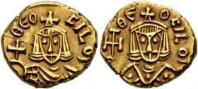 Theophilus, 829-842. Solidus (Gold, 14 mm, 3.64 g, 6 h), circa 829-830. ΘЄOFILOS Facing bust of Theophilus, wearing crown surmounted by cross and chla...