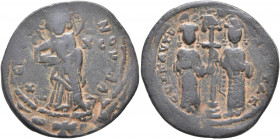 Constantine X Ducas, with Eudocia, 1059-1067. Follis (Bronze, 29 mm, 7.51 g, 6 h), Constantinopolis. +ЄΜΜΑΝΟVHΛ Christ Emmanuel standing facing on foo...