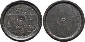 BYZANTINE. 6th-7th centuries (?). Weight of 12 Nomismata (Bronze, 35 mm, 53.07 g), a uniface discoid coin weight with centering holes, raised rims and...