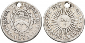 ARGENTINA, Provincias del Rio de la Plata. 1813-1837. Real 1813 (Silver, 20 mm, 3.16 g, 12 h), Potosí. EN UNION Y LIBERTAD• PTS •J / •1813• / 1 - R Co...