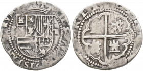 BOLIVIA, Colonial (as Alto Perú). Felipe II, king of Spain, 1556-1598. Cob 2 Reales (Silver, 27 mm, 6.54 g, 7 h), Potosí. [PH]ILIPPVS [D] G ISPANIARVM...