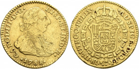 BOLIVIA, Colonial (as Alto Perú). Carlos III, king of Spain, 1759-1788. 2 Escudos 1788 (Gold, 22 mm, 6.64 g, 12 h), Santa Fe de Nuevo Reino (Bogotá) m...