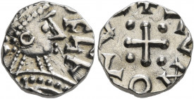 BRITISH, Anglo-Saxon. Continental Sceattas. Circa 690-715/20. Penny (Silver, 11 mm, 1.28 g). Crowned bust right with runes. Rev. ✠AVMOAV Cross with pe...