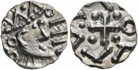 BRITISH, Anglo-Saxon. Continental Sceattas. Circa 690-715/20. Penny (Silver, 10 mm, 0.77 g). Crowned head right with runes. Rev. Blundered legend arou...